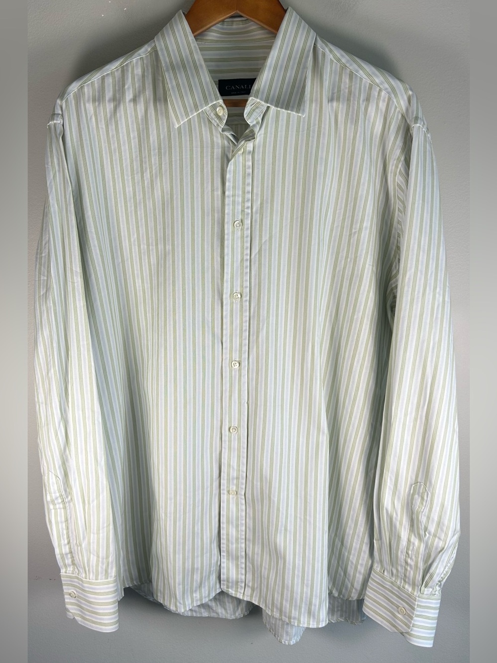 Canali Men’s Dress Shirt Size 44/17.5 Green Stripes Cotton Long Sleeve Italy